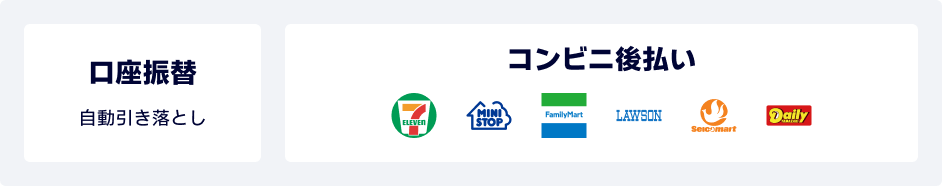 Pay IDあと払いの説明画像。翌月10日のお支払いでOK！請求書不要でひと月の利用をまとめてお支払い。支払い可能なコンビニはセブンイレブン、ミニストップ、ローソン、セイコーマート、ファミリーマート、デイリーヤマザキです。口座振替をご利用の場合は、翌月27日までにご指定の金融機関口座から引き落とされます。お支払いにはPay IDアプリが必要です。